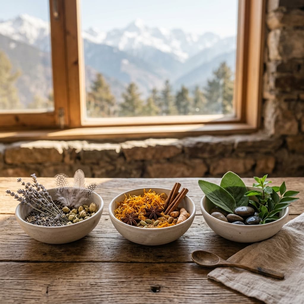 Three ceramic bowls containing Ayurvedic constitutional elements representing Vata, Pitta, and Kapha elements